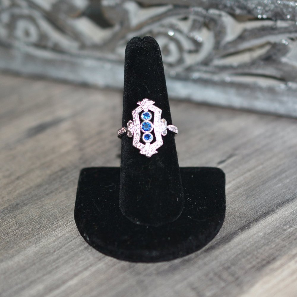 NEW Silver Crystal & Blue Diamond Ring